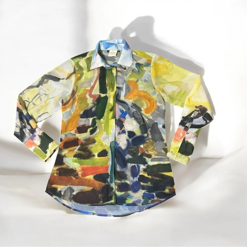 Dena Lyons NWOT Palm Beach Button Down Art brush strokes‎ long sleeve colorful 4